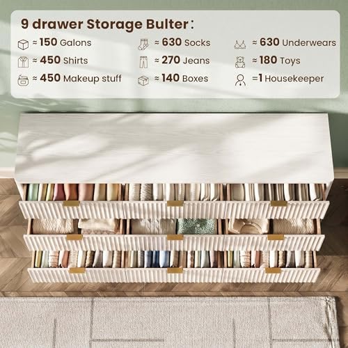 63" Wide Fluted 9 Drawers Dresser for Bedroom,Curved Edge,White