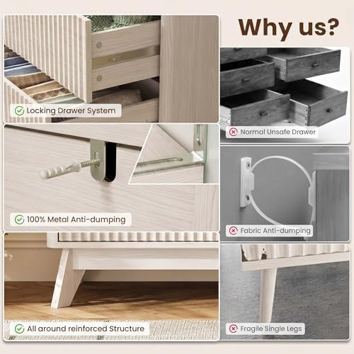 47" Wide Fluted 6 Drawers Dresser for Bedroom,Curved Edge,White