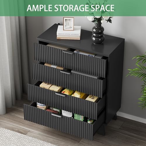 Xixini Fluted Nightstand with 4 Drawers, 31.5" Wide Side Table, Black