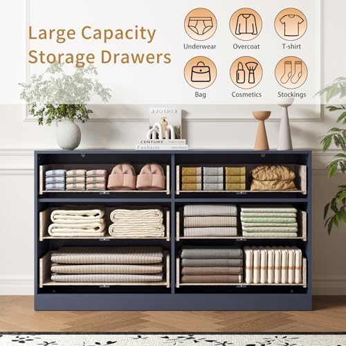 6 Drawer Fluted Dresser for the Bedroom, 55" Wide Wooden Dresser with Deep Drawers, Large Floor Chest of Drawers, Modern Long TV Stand, Storage Cabinet for Livingroom, Hallway, Blue