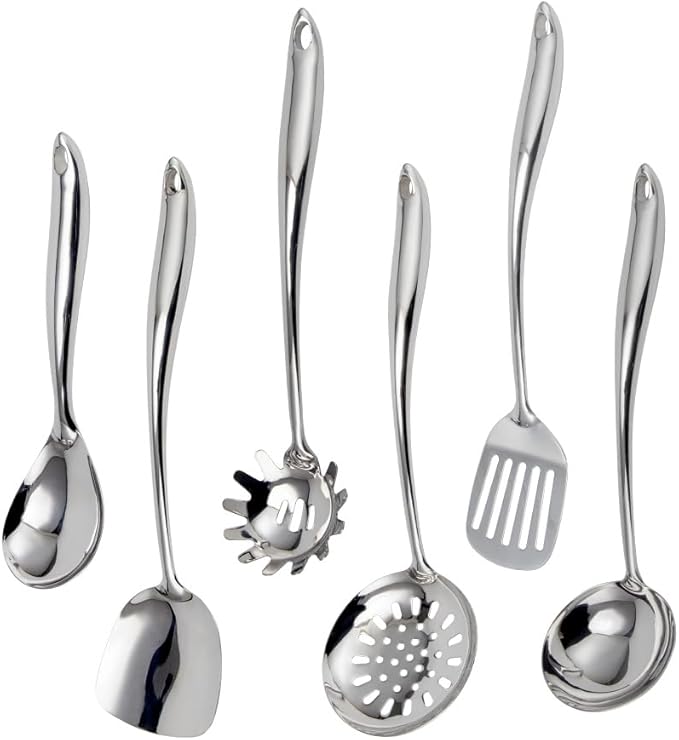 VALESKA 6PCS Stainless Steel Cooking Utensils Set,Metal Kitchen Utensils Set, Include Wok Spatula Stainless Steel,Metal Pasta Spoon and etc,Easy to Clean