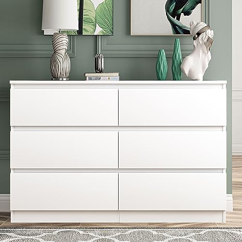 Vibe & Dine White Dresser, Modern 6 Drawer Double Dresser for Bedroom, Wood Chest of Drawers with Wide Storage for Living Room