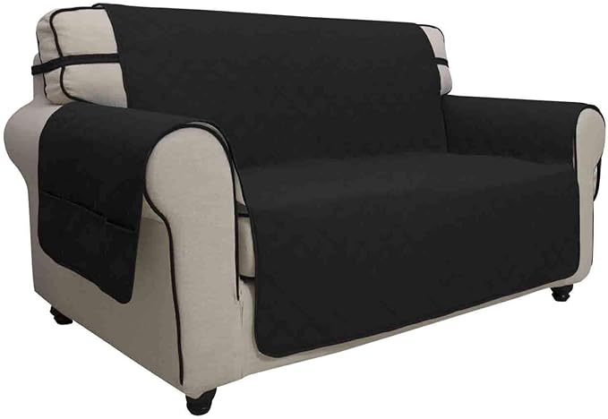 Easy-Going Sofa Slipcover Loveseat Cover Waterproof Couch Cover Washable Sofa Cover for 2 Cushion Couch Non-Slip Fabric Furniture Protector with Pocket for Pets Kids Dog Cat (Loveseat, Black)