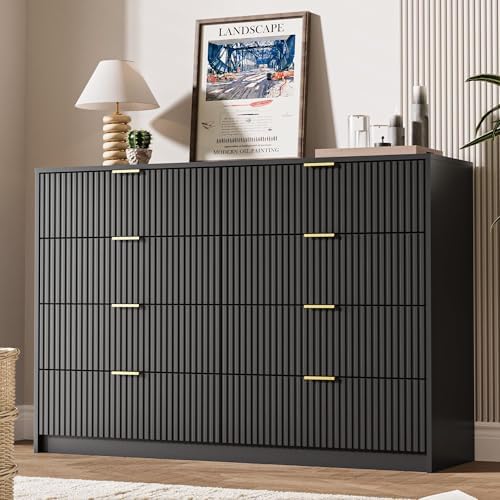 MAISONARIA Dresser for Bedroom, 8 Drawer Double Dresser, Modern Chest of Drawers for Bedroom, Living Room, Entryway and Closet, 55" L x 15.7" D x 37.4" H, Black