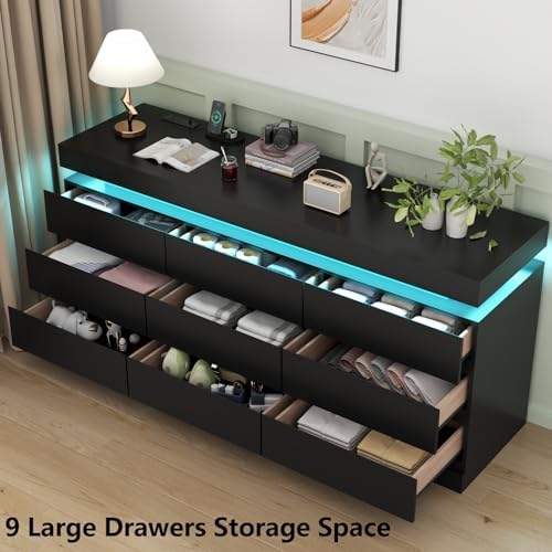 Gyfimoie 9 Drawer Dresser with Power Outlet, Modern Dresser with LED Light