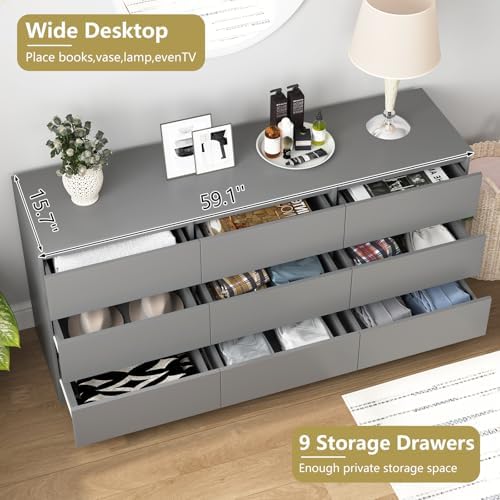 Grey 9 Drawer Dresser for Bedroom,Modern Long Dresser with Deep Drawers,Wide Storage Chest of Drawer,Wood Bedroom Storage Organizer Drawers forBedroom