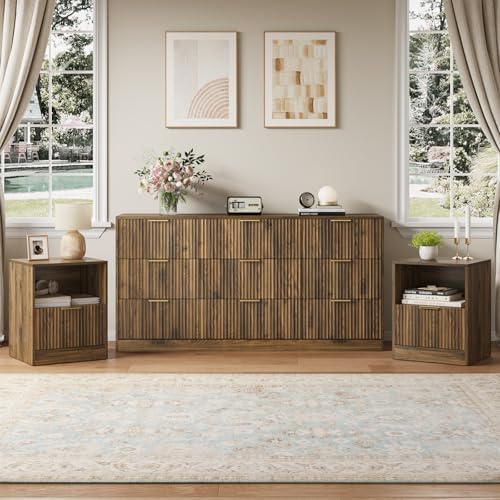 3-Piece 9 Drawer Dresser and 1-Drawer Nightstand Set, Walnut丨63 Wide Fluted Bedroom Dresser Set Night Stand Set of 2, Modern Wood Chest of Drawers Storage Dressers Set for Bedroom