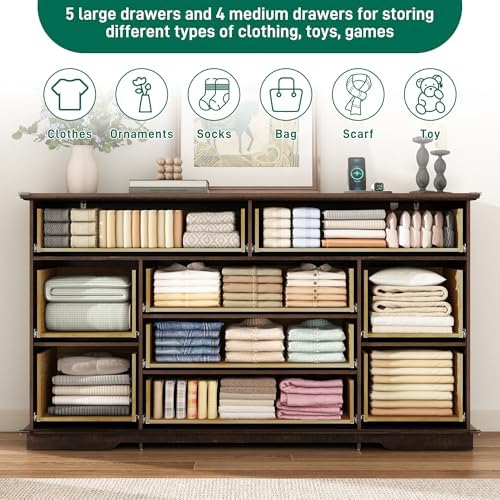 jiteentarou Farmhouse 9 Drawer Dresser for Bedroom,63” Wood Dresser & Chest of Drawers with Power Outlets,Large & Wide Dressers for Bedroom,Tall Storage Dresser Organizer(Rustic Brown)