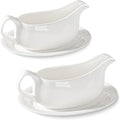 Dizada Gravy Boat with Saucer 19 Oz Set of 2 - White Porcelain Gravy Bowl, Ceramic Sauce Dispenser for Turkey, Dressing, Creamer, Microwave Dishwasher Safe