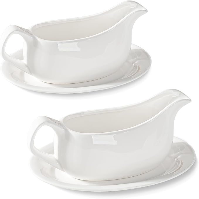 Dizada Gravy Boat with Saucer 19 Oz Set of 2 - White Porcelain Gravy Bowl, Ceramic Sauce Dispenser for Turkey, Dressing, Creamer, Microwave Dishwasher Safe