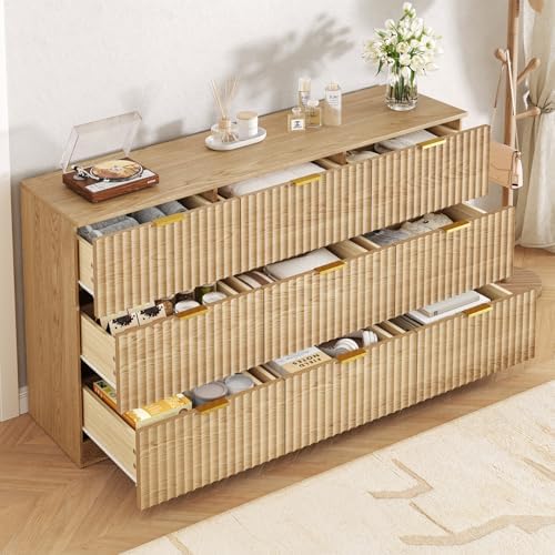 60.3" Wide Fluted 9 Drawer Dresser for Bedroom, Natural