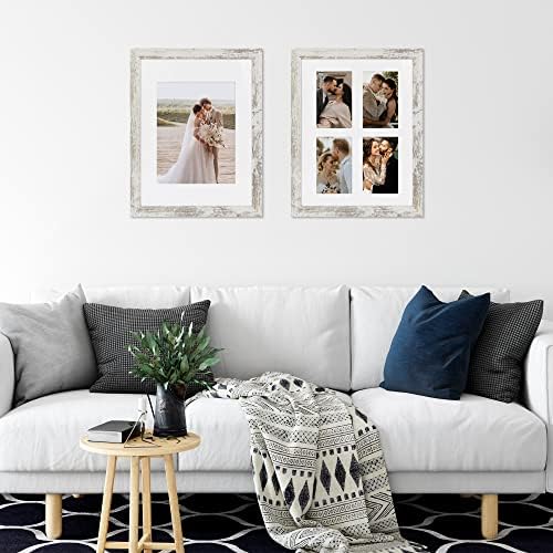 Hongkee 11x14 Picture Frame Set of 4, Made of Glass and Distressed White Wooden Frame, Display 8x10 Pictures with Mat or 11 x 14 Posters without Mat for Wall Mounting, Gallery Photo Frames
