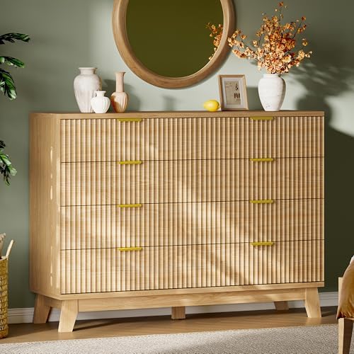 Xixini Fluted Dresser with 8 Drawers, 54" Wide Modern Chest of Drawers with Metal Handle, Wooden Dresser TV Stand, Wood Closet Clothes Storage Organizer for Bedroom, Living Room, Hallway, Natural Oak