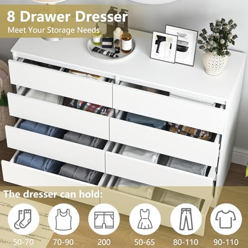 Spaco White 8 Drawer Dresser for Bedroom,Modern Deep Drawer Dresser,Wide Storage Chest of Drawer for Closet,Wood Storage Organizer Furniture for Living Room