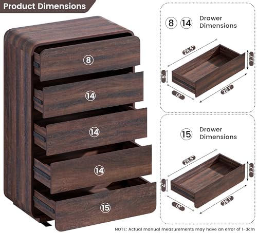Standifurno Walnut Dresser for Bedroom, Modern 5 Drawer Closet, Freestanding Dressers with Deep Drawers, Large Storage Organizer for Living Room, 29.5’’ W