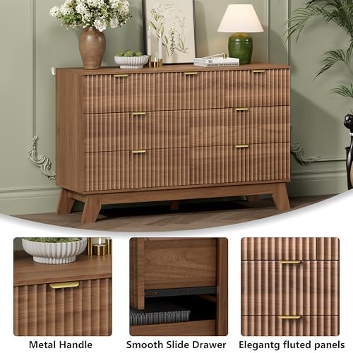 Wodeer 7 Drawer Fluted Dresser for Bedroom, Mid Century Modern Wooden Dresser with 7 Drawers, Dressers & Chests of Drawers with Metal Handle, TV Stand & Storage Organizer for Entryway, Hallway, Walnut