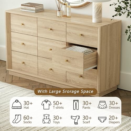 FORTUNETEC 55" Wide 9 Drawer Dresser for Bedroom, Oak
