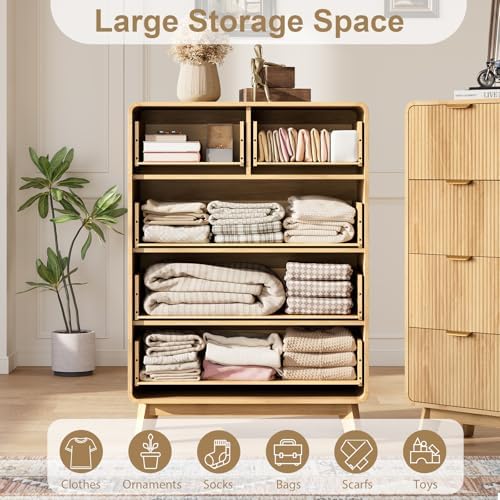 QUW Fluted 5 Drawers Dresser for Bedroom, Modern 40.2" Tall Drawer Dressers with Metal Handle, Wooden Chest of Dresser for Living Room, Hallway, Solid Wood Legs, Curved Profile Design, Natural Oak