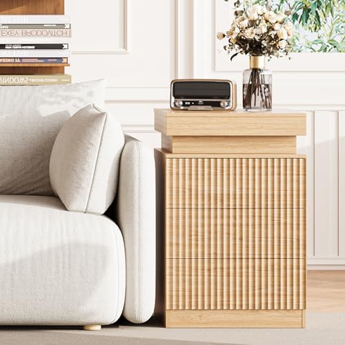 Fluted LED Night Stand with Charging Station, Natural Oak