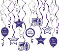 Happy 50th Birthday Purple & Silver Glitter Swirls Streamers Party Decorations - 15 Pcs 50th Birthday Hanging Swirls Streamers Kit,Cheers to Fifty Years Old Bday Party Sign.