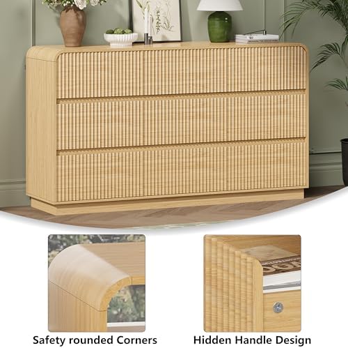 Wodeer Oak Dresser Fluted 9 Drawers Dresser for Bedroom, 59" Wide Wood Chest of Drawers with Hidden Handles & Rounded Corners, Modern TV Stand Storage Cabinet for Living Room, Hallway, Entryway