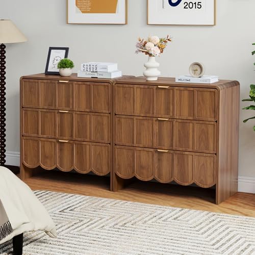 ORRD 3 Drawer Dresser for Bedroom Set of 2, Modern Closet Chest of Drawers with Wave Fluted Drawer, Wood Storage Small Dresser Organizer for Nursery Bedroom Living Room Hallway Closet (Walnut)