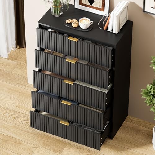 Furniway Black Dresser for Bedroom, Modern Dresser with 5 Drawers and Smooth Slides, Wide Chest of Drawers with Golden Handles for Bedroom, Living Room, Closet, 15.7" D x 31.5" W x 47.2" H