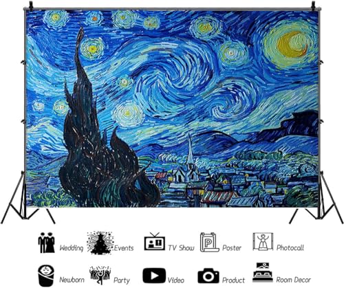 9x6ft Van Gogh Starry Sky Backdrop Abstract Stars Wall Oil Painting Photography Background Van Gogh Aesthetic Artwork for Wallpaper Decoration Birthday Party Baby Shower Wedding Photo Studio Props - size: 9x6ft