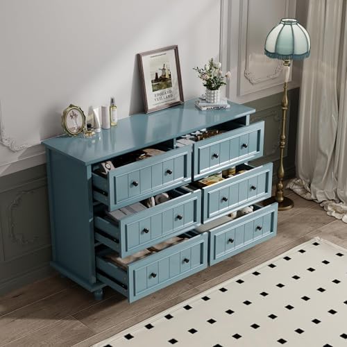 Blue 6 Drawer Dresser, Vintage Chest of Drawers, 47.2'' Bedroom Cabinet