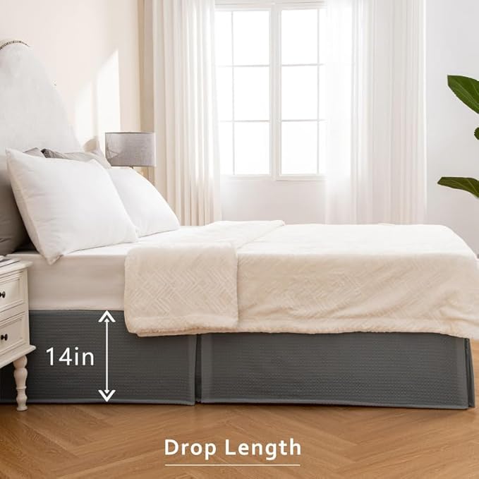 MIYE Pleated Waffle Weave Bed Skirt, Tailored Dust Ruffle 14 Inch Drop Easy Fit, Machine Washable (Dark Grey, Twin - 14" Drop)