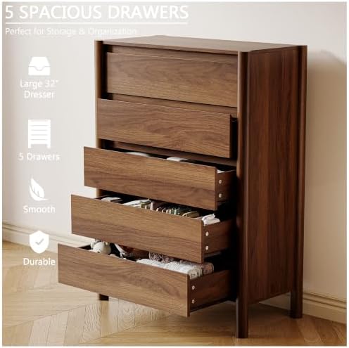 HOUROM Walnut Dresser for Bedroom,45"Tall 5 Drawer Mid Century Modern Chest