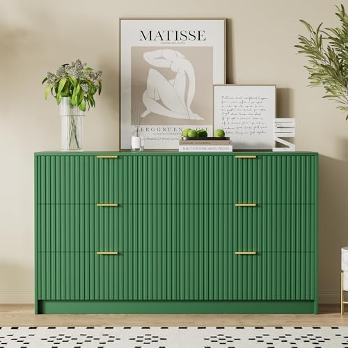 Furniway Green Dresser for Bedroom, Modern Dresser with 6 Drawers and Smooth Slides, Wide Chest of Drawers with Golden Handles for Bedroom, Living Room, Closet, 15.7" D x 55.1" W x 31.4" H