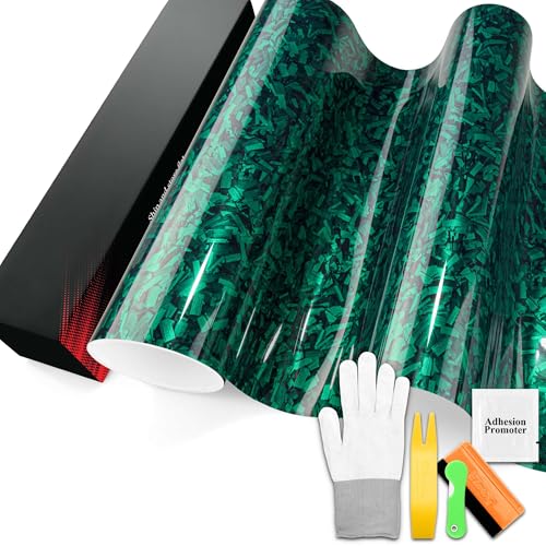 PET Marble Forged Carbon Fiber Textured Gloss Emerald Green Vinyl Wrap Auto Car Sticker Decal Film Sheet Bubble Free Air Release Technology with Tool Set 5FTx25FT - size: 5FT x 25FT