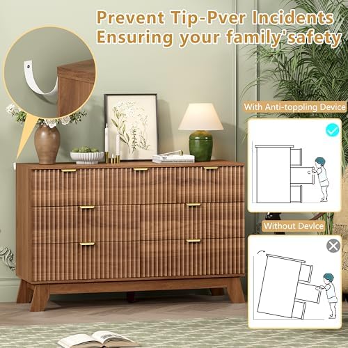 Wodeer 7 Drawer Fluted Dresser for Bedroom, Mid Century Modern Wooden Dresser with 7 Drawers, Dressers & Chests of Drawers with Metal Handle, TV Stand & Storage Organizer for Entryway, Hallway, Walnut