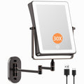 FASCINATE 5000mAh Rechargeable Wall Mounted Makeup Mirror, 8.7" Double Sided Touch Switch 1X 30X Rectangle Wall Mounted Magnifying Mirror with Light, 3 Color Setting, Extended Arm 360° Foldable Bronze