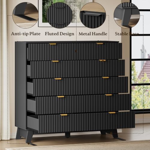 BORNOON 46" Tall Dresser for Bedroom, 10-Drawer Fluted Chest of Drawers, Modern Wood Highboy with Metal Slides and Handles, Anti-Tip Kit, Vertical Clothes Storage Organizer for Apartment, Closet