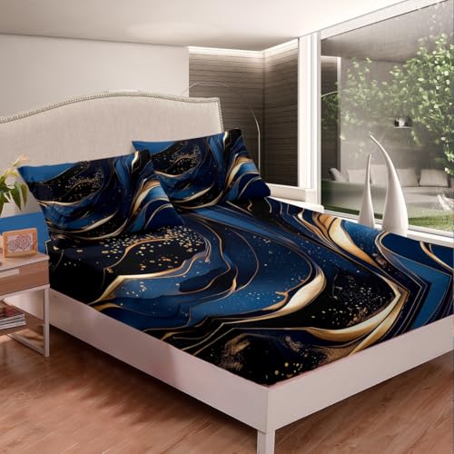 Feelyou Geometric Bed Sheets Set Full Size Modern Art Bedding Set for Kids Boys Girls Modern Marble Aesthetic Sheets with Deep Pocket Fitted Sheet Abstract Marble Texture Printed Bedding Set - color: Dark Blue, size: Full