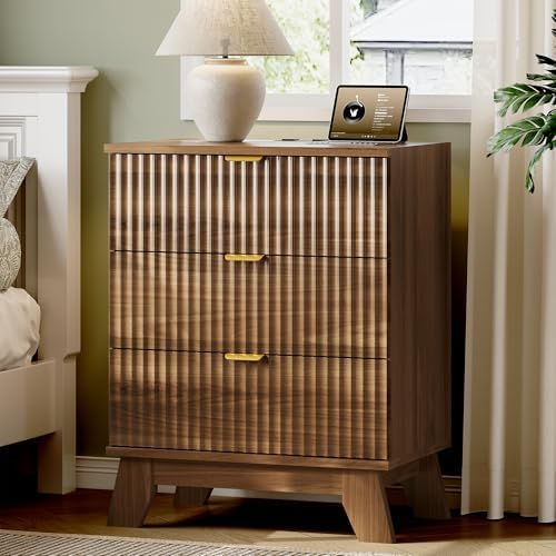Xixini Fluted Nightstand with Charging Station, Tall Bedside Table, Walnut