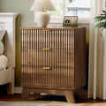 Xixini Fluted Nightstand with Charging Station, Tall Bedside Table, Walnut