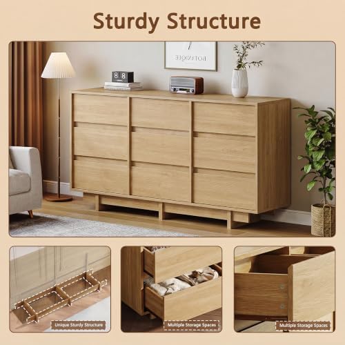 HOUROM Oak Dresser for Bedroom, 59in Modern 9 Drawer Chest of Drawers