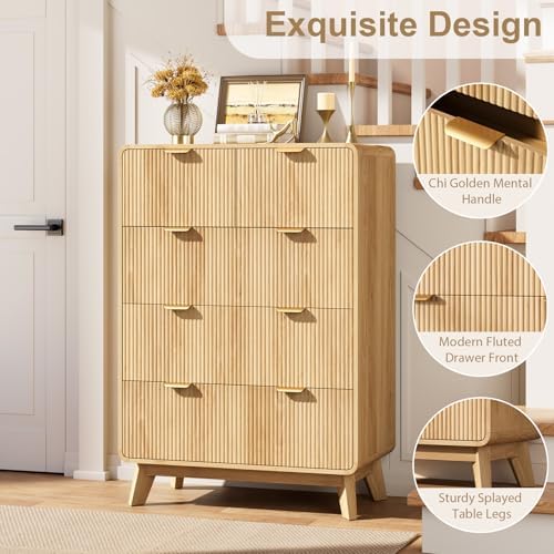 QUW Fluted 5 Drawers Dresser for Bedroom, Modern 40.2" Tall Drawer Dressers with Metal Handle, Wooden Chest of Dresser for Living Room, Hallway, Solid Wood Legs, Curved Profile Design, Natural Oak