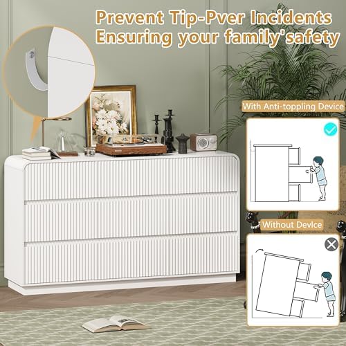 Wodeer White Dresser Fluted 9 Drawers Dresser for Bedroom, 59" Wide Wood Chest of Drawers with Hidden Handles & Rounded Corners, Modern TV Stand Storage Cabinet for Living Room, Hallway, Entryway