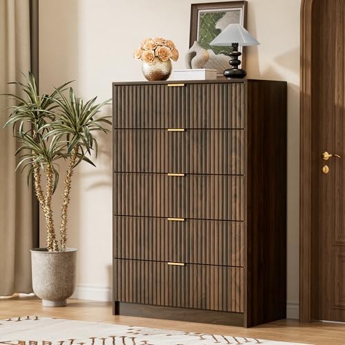Furniway Walnut Dresser for Bedroom, Tall Dresser with 5 Drawers and Smooth Slides, Modern Chest of Drawers with Golden Handles for Bedroom, Living Room, Closet, 15.7" D x 31.5" W x 47.2" H