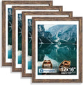 Hongkee 12x16 Picture Frame Set of 4, 12 x 16 Rustic Brown Wood(Mat 11x14)
