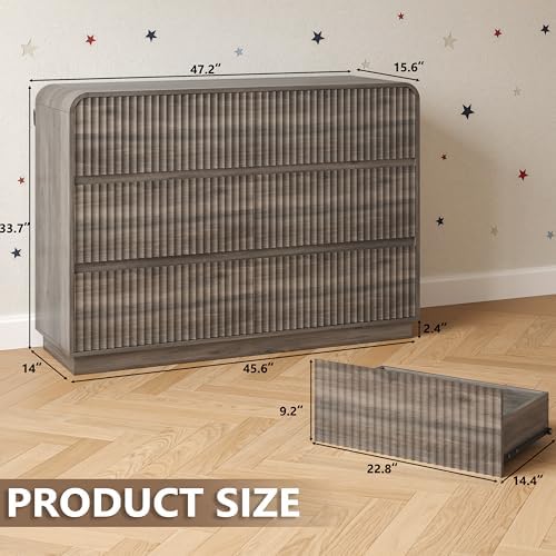BORNOON Dresser for Bedroom with 6 Drawers, Fluted Chest of Drawers with Round Curved Corner, Hidden Handles, Modern Wood Storage Organizer for Bedroom, Nursery, Living Room