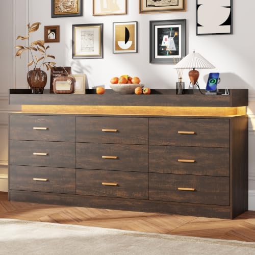 Farmhouse 9 Drawer Dresser with LED Light and Charging Station, Brown