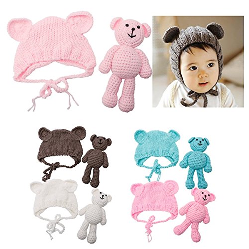 ECYC Newborn Baby Bear Hat Beanie with Bear Dolls Photography Accessories Grey - color: Grey