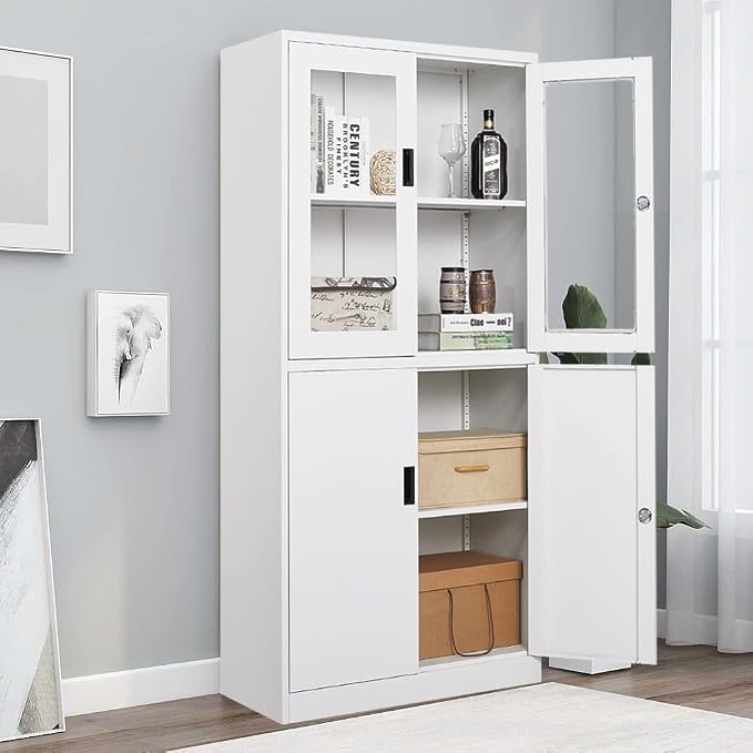 Metal Storage Cabinet with Doors and Shelves, 2 Adjustable Shelves, 4 Doors
