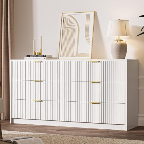 MAISONARIA White 6 Drawer Dresser for Bedroom, 55" Wide Modern Chest of Drawers with Gold Metal Handles, Fluted Wood TV Stand for Living Room, Hallway
