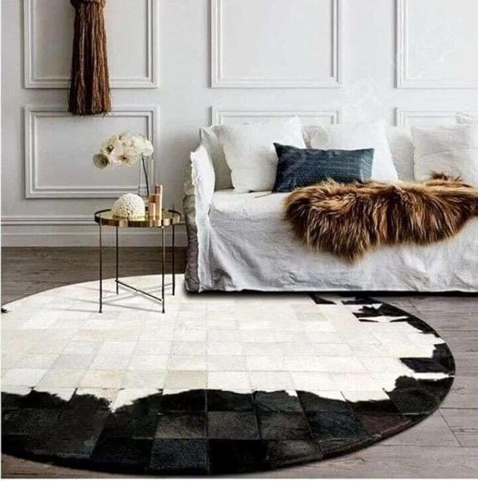 Round Geometric Patchwork Cowhide Leather Area Rug | Washable Non-Slip Carpet for Living Room, Bedroom & Home Décor(6x6 ft_White & Black)